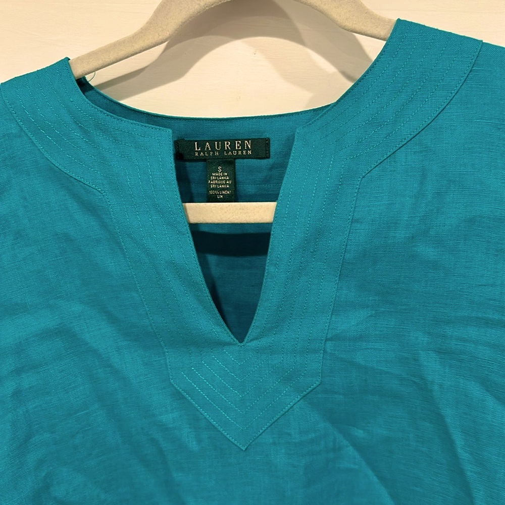 Lauren linen blouse Blue/green small rolled up sleeves
